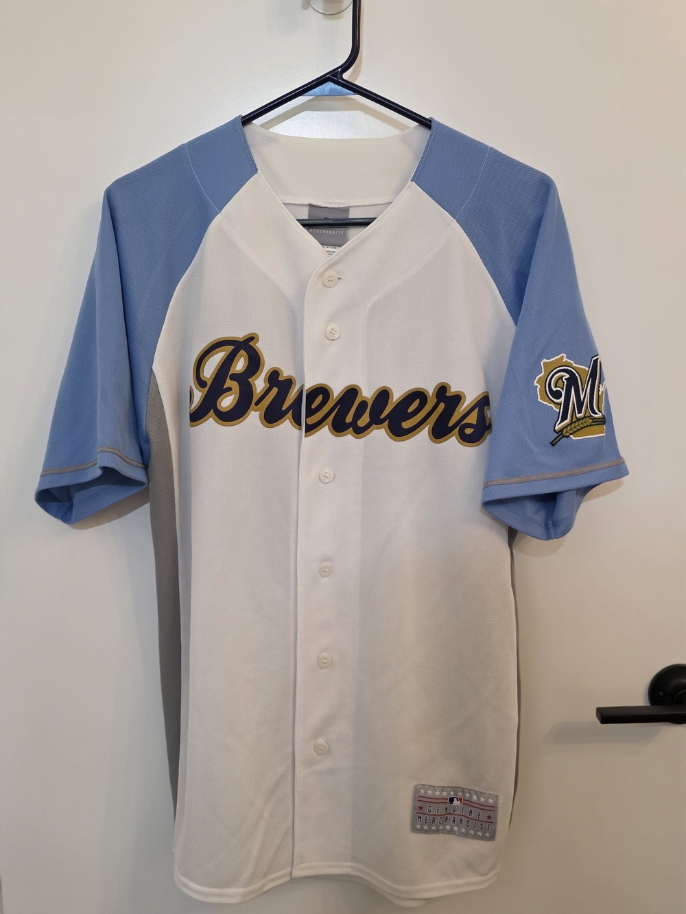 Genuine Merchandise Brewers White and Light Blue Baseball Jersey